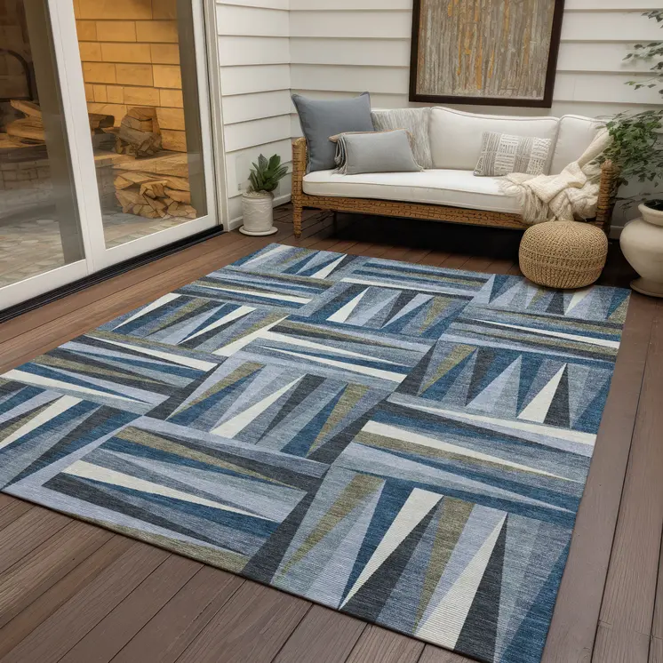 3' X 5' Denim Blue Gray And Ivory Geometric Washable Indoor Outdoor Area Rug