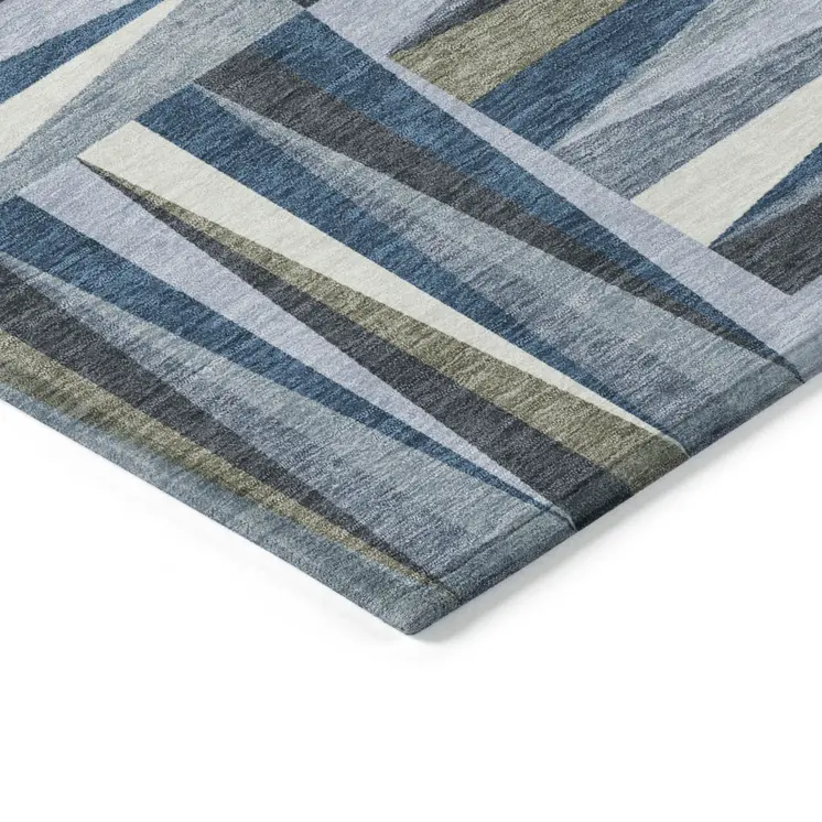 3' X 5' Denim Blue Gray And Ivory Geometric Washable Indoor Outdoor Area Rug