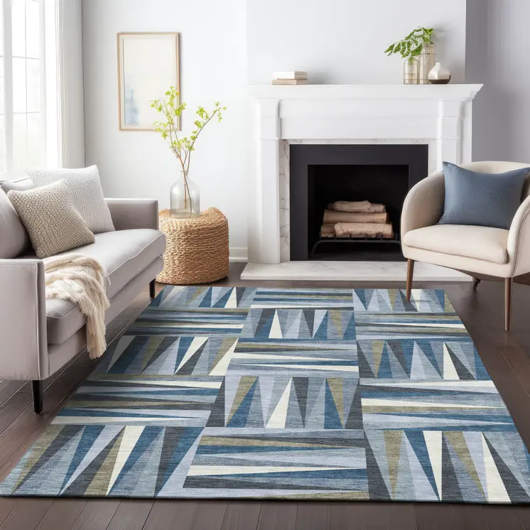 3' X 5' Denim Blue Gray And Ivory Geometric Washable Indoor Outdoor Area Rug