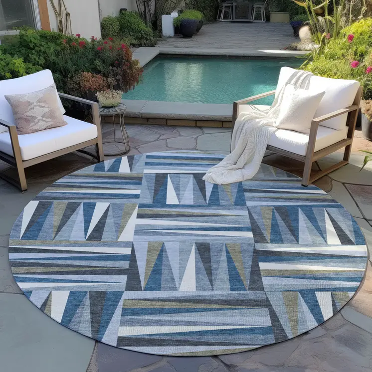 8' Denim Blue Gray And Ivory Round Geometric Washable Indoor Outdoor Area Rug