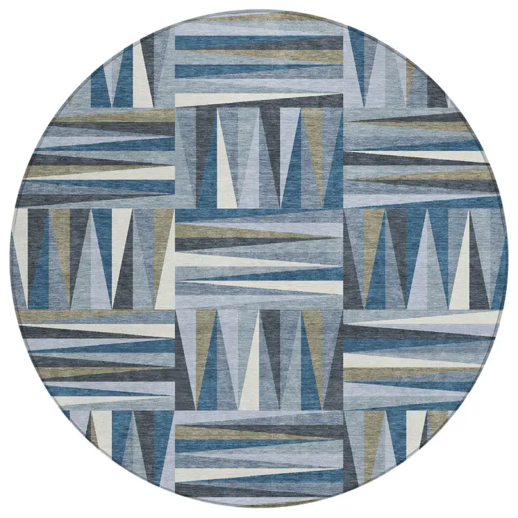8' Denim Blue Gray And Ivory Round Geometric Washable Indoor Outdoor Area Rug