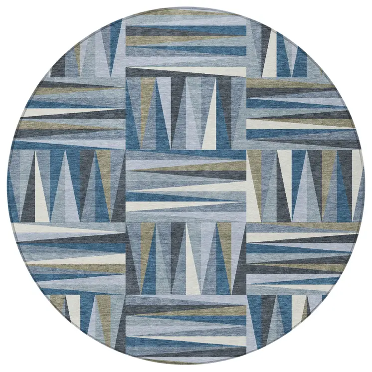 8' Denim Blue Gray And Ivory Round Geometric Washable Indoor Outdoor Area Rug