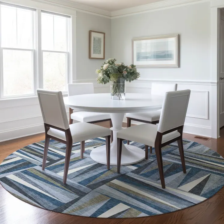 8' Denim Blue Gray And Ivory Round Geometric Washable Indoor Outdoor Area Rug