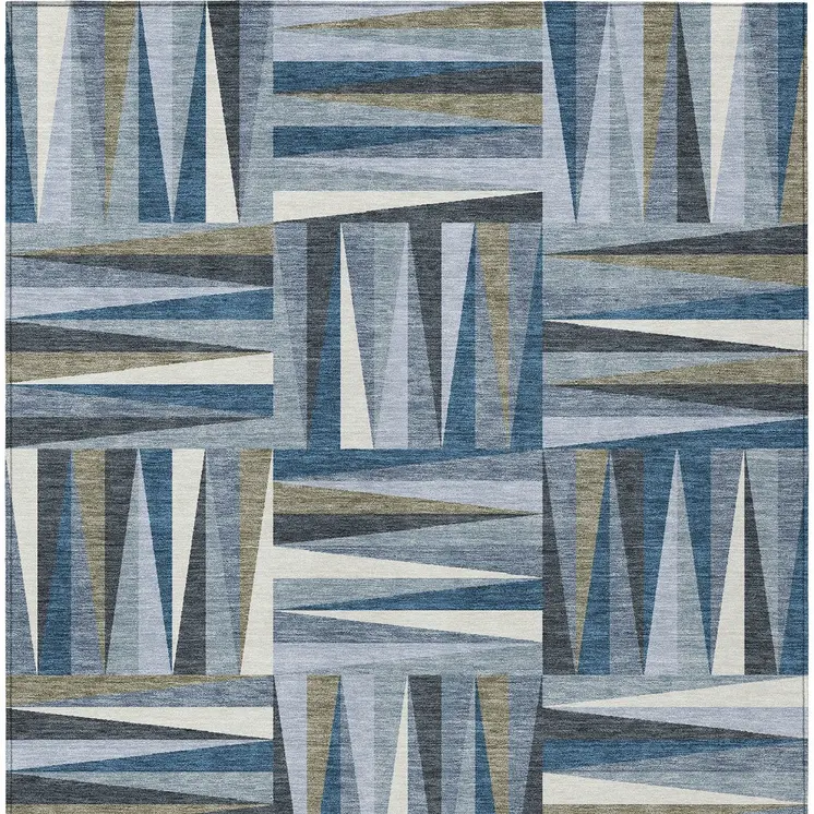 9' X 12' Denim Blue Gray And Ivory Geometric Washable Indoor Outdoor Area Rug