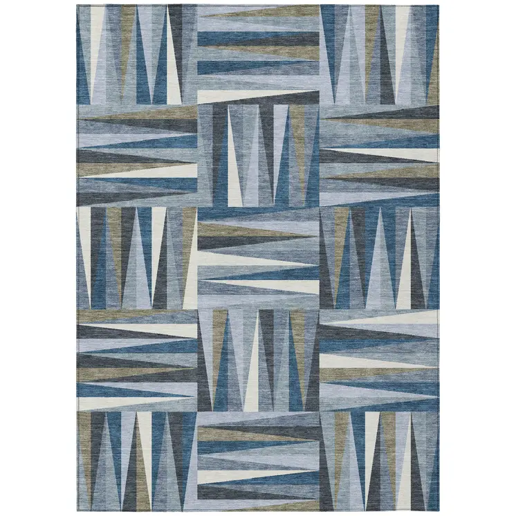 9' X 12' Denim Blue Gray And Ivory Geometric Washable Indoor Outdoor Area Rug