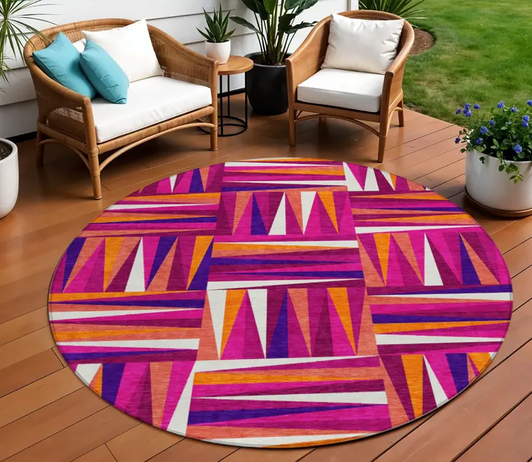 8' Red Purple And Copper Round Geometric Washable Indoor Outdoor Area Rug