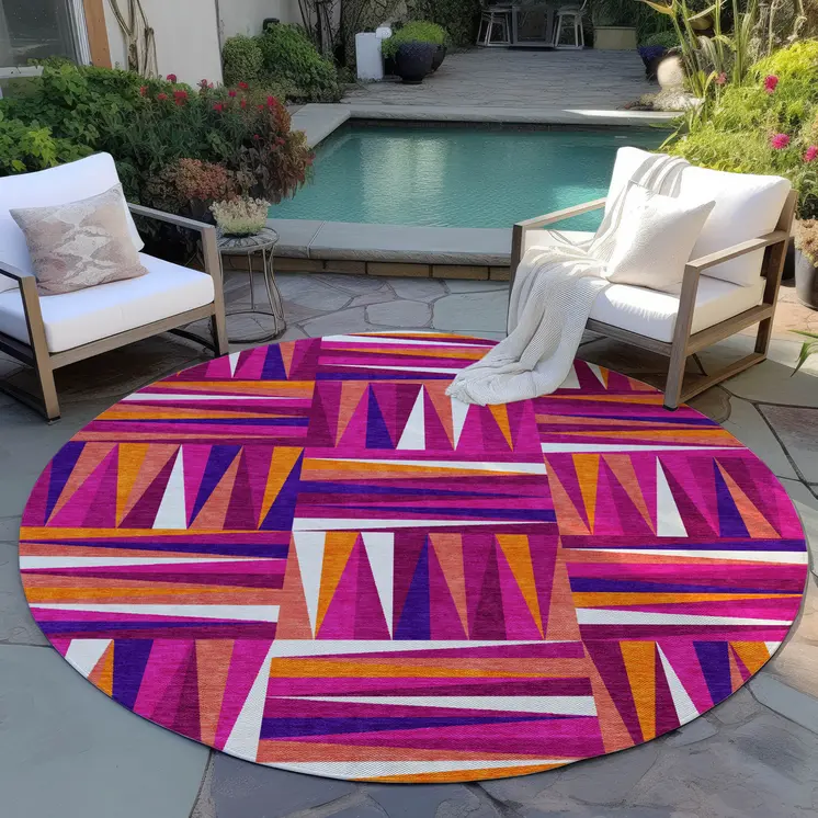 8' Red Purple And Copper Round Geometric Washable Indoor Outdoor Area Rug