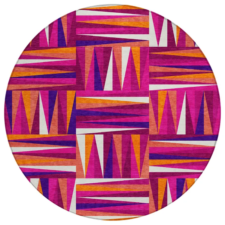 8' Red Purple And Copper Round Geometric Washable Indoor Outdoor Area Rug