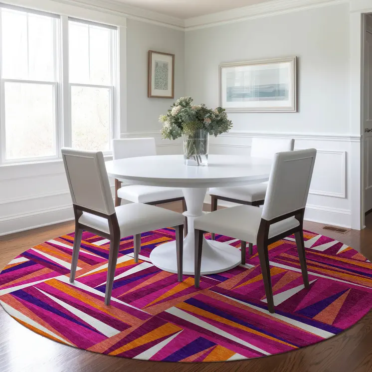 8' Red Purple And Copper Round Geometric Washable Indoor Outdoor Area Rug