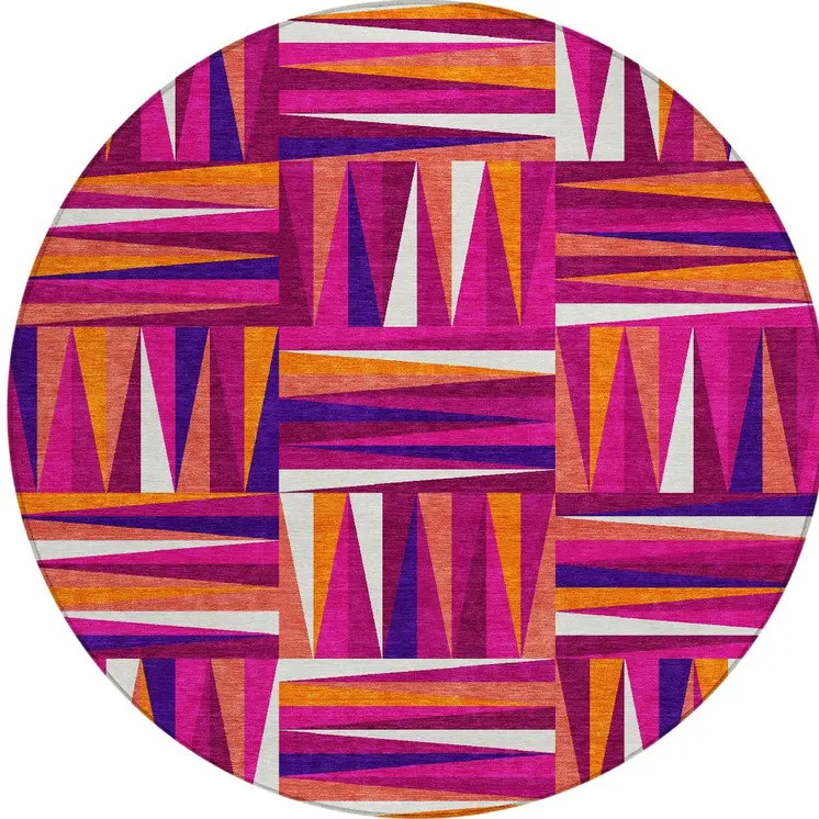 8' Red Purple And Copper Round Geometric Washable Indoor Outdoor Area Rug