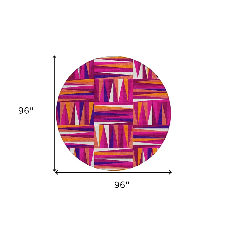 8' Red Purple And Copper Round Geometric Washable Indoor Outdoor Area Rug
