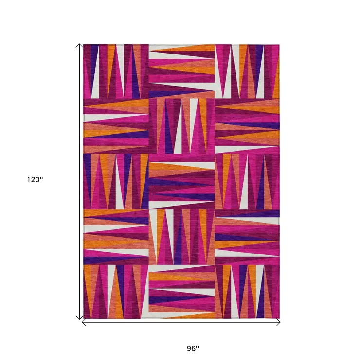 8' X 10' Red Purple And Copper Geometric Washable Indoor Outdoor Area Rug