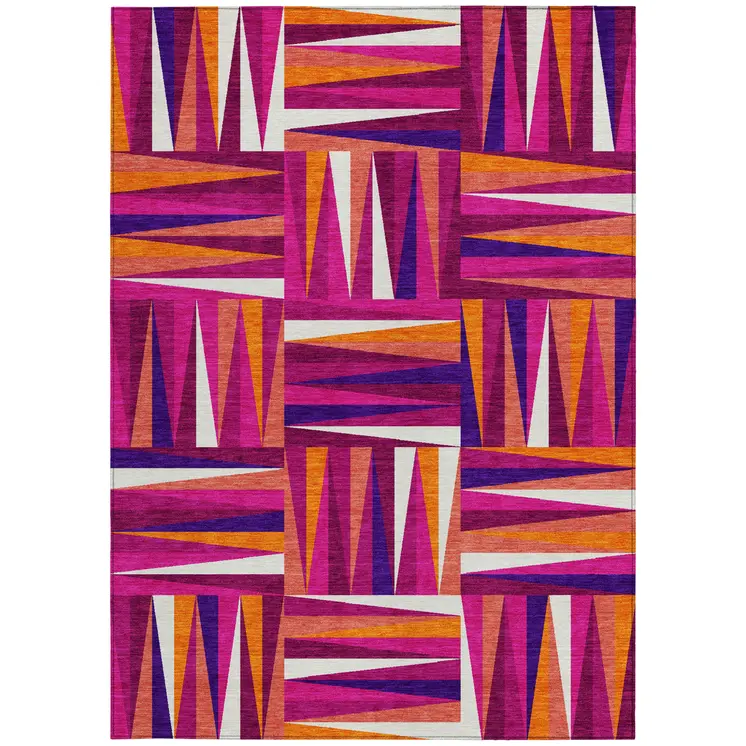 8' X 10' Red Purple And Copper Geometric Washable Indoor Outdoor Area Rug