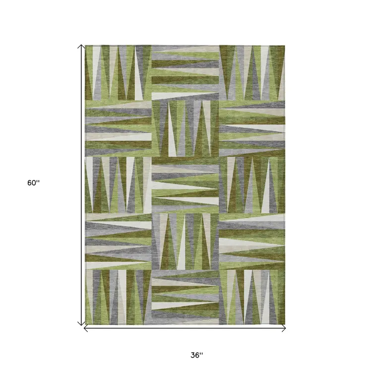 3' X 5' Green Gray And Ivory Geometric Washable Indoor Outdoor Area Rug