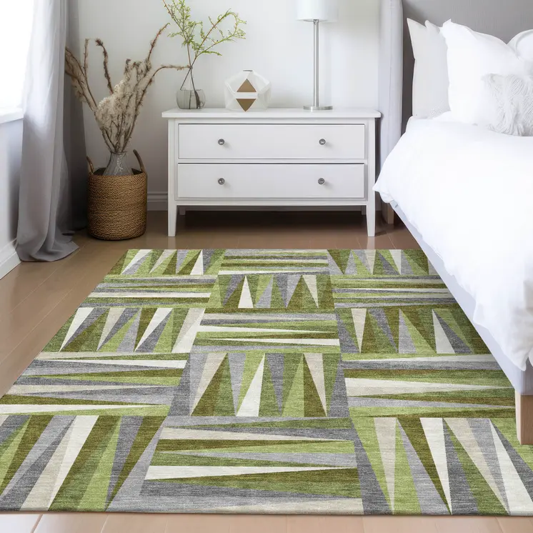5' X 8' Green Gray And Ivory Geometric Washable Indoor Outdoor Area Rug