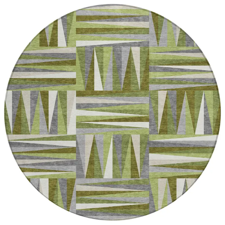 8' Green Gray And Ivory Round Geometric Washable Indoor Outdoor Area Rug