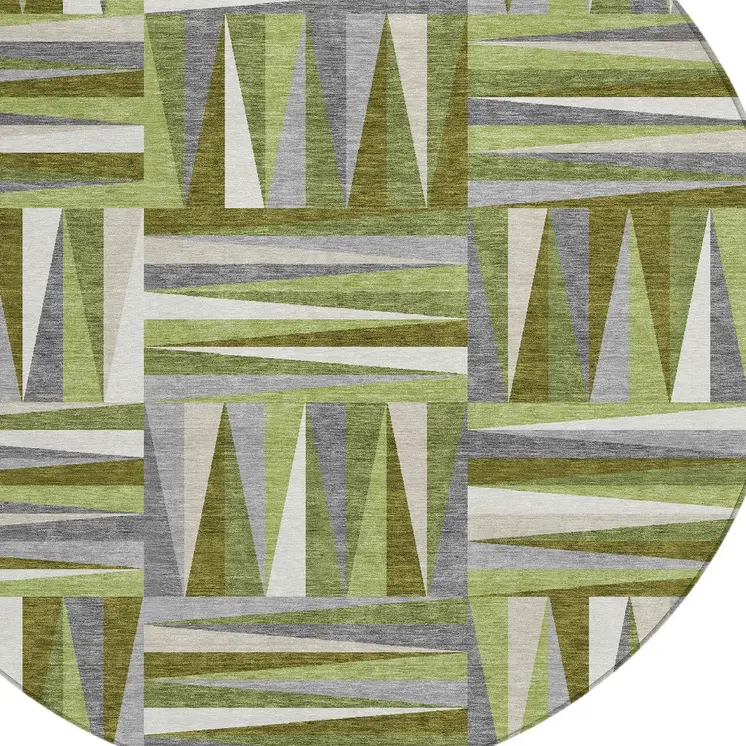 8' Green Gray And Ivory Round Geometric Washable Indoor Outdoor Area Rug