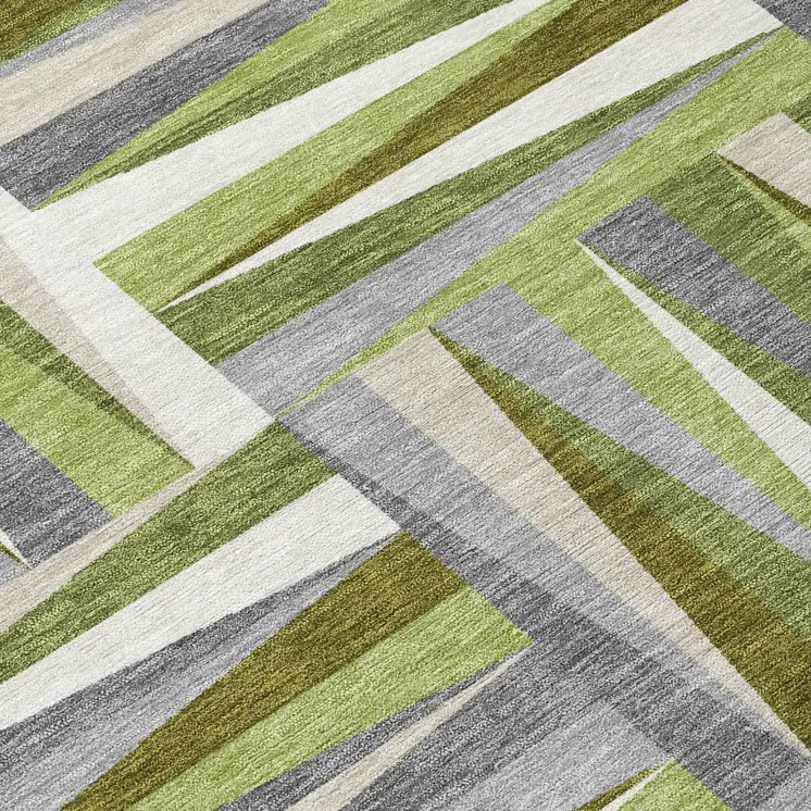 8' Green Gray And Ivory Round Geometric Washable Indoor Outdoor Area Rug