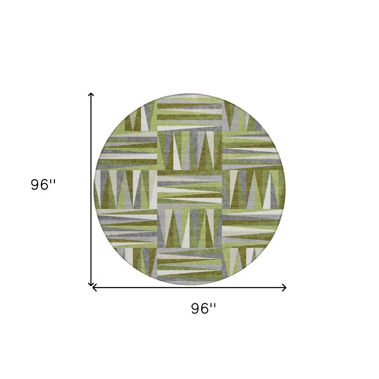 8' Green Gray And Ivory Round Geometric Washable Indoor Outdoor Area Rug