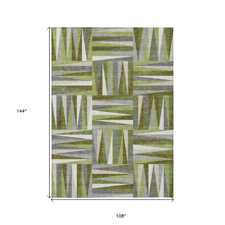 9' X 12' Green Gray And Ivory Geometric Washable Indoor Outdoor Area Rug
