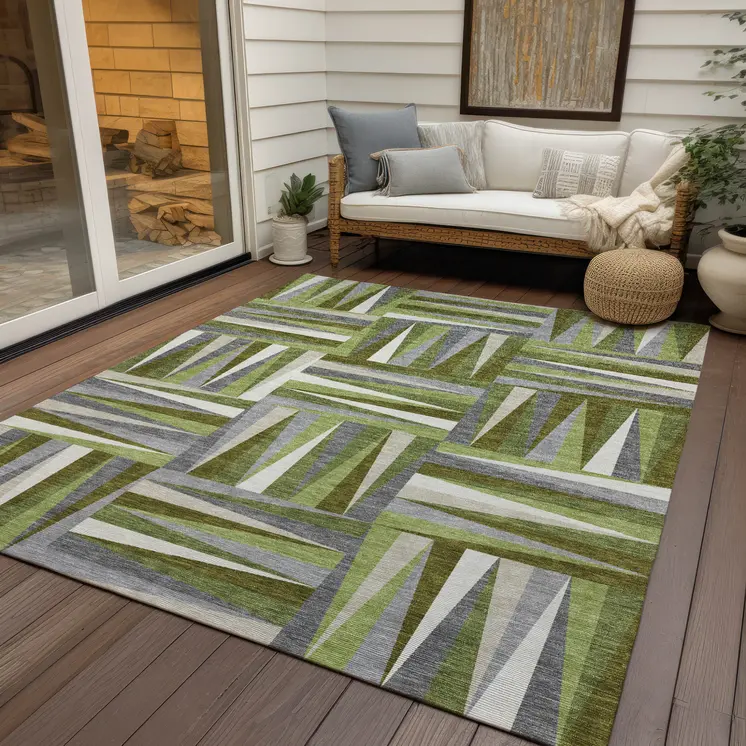 9' X 12' Green Gray And Ivory Geometric Washable Indoor Outdoor Area Rug