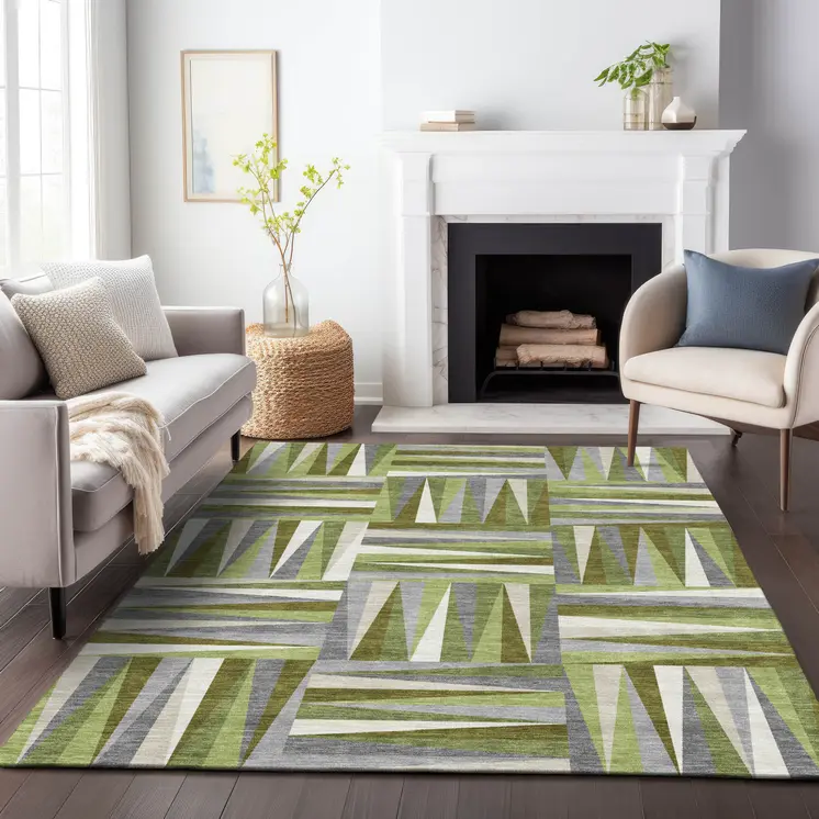 9' X 12' Green Gray And Ivory Geometric Washable Indoor Outdoor Area Rug