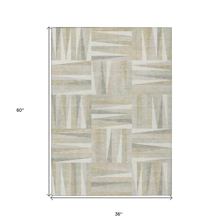3' X 5' Ivory Beige And Gray Geometric Washable Indoor Outdoor Area Rug