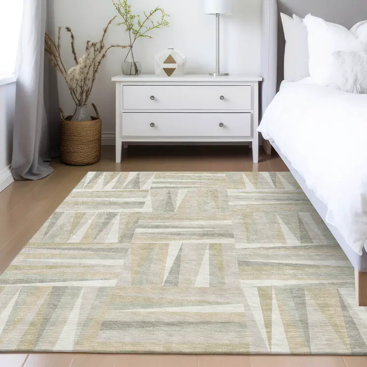 5' X 8' Ivory Beige And Gray Geometric Washable Indoor Outdoor Area Rug