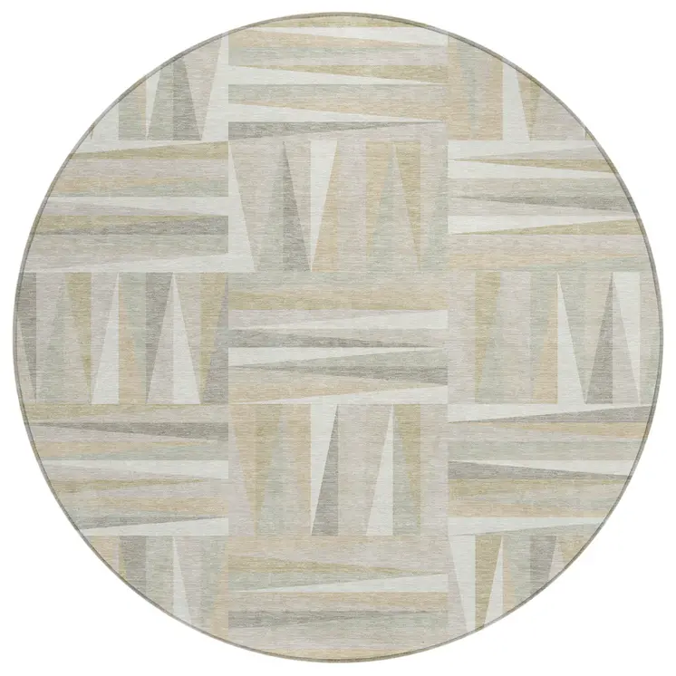 8' Ivory Beige And Gray Round Geometric Washable Indoor Outdoor Area Rug