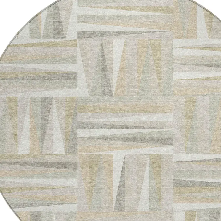 8' Ivory Beige And Gray Round Geometric Washable Indoor Outdoor Area Rug