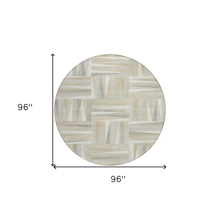 8' Ivory Beige And Gray Round Geometric Washable Indoor Outdoor Area Rug