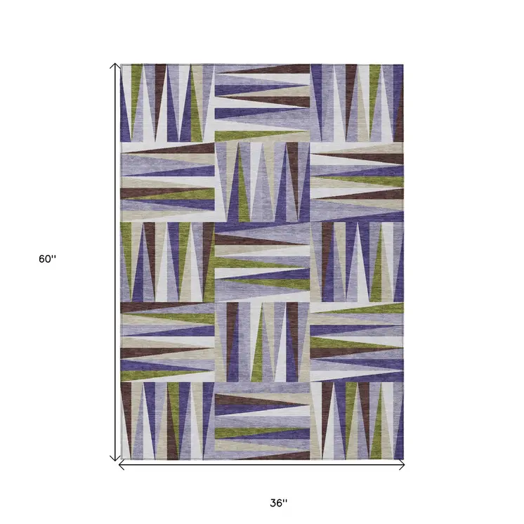 3' X 5' Lavender Brown And Green Geometric Washable Indoor Outdoor Area Rug