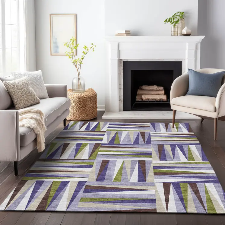 3' X 5' Lavender Brown And Green Geometric Washable Indoor Outdoor Area Rug