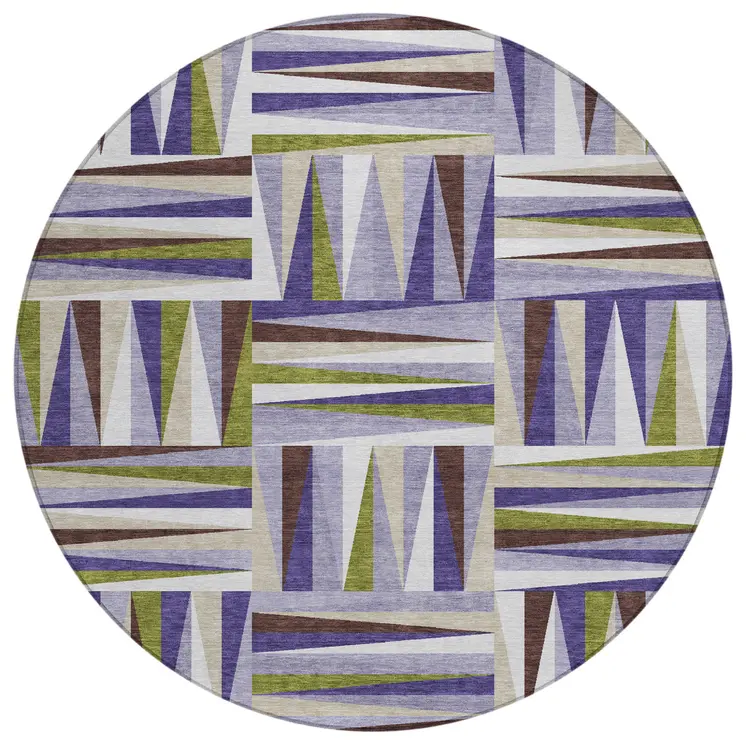 8' Lavender Brown And Green Round Geometric Washable Indoor Outdoor Area Rug