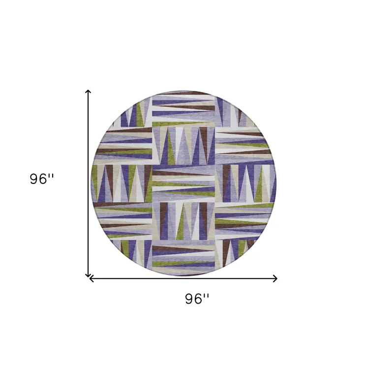 8' Lavender Brown And Green Round Geometric Washable Indoor Outdoor Area Rug