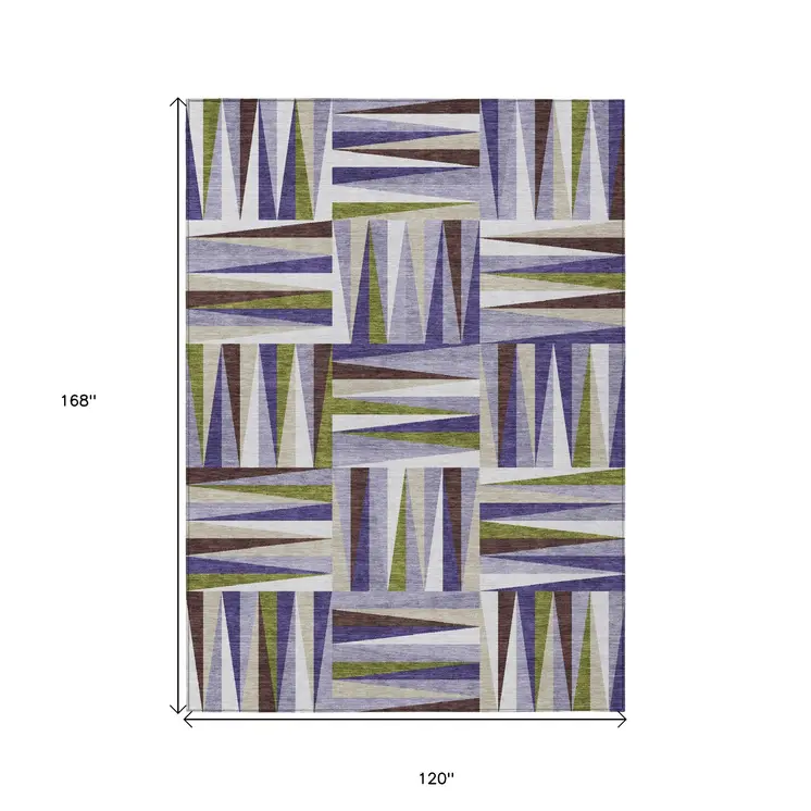 10' X 14' Lavender Brown And Green Geometric Washable Indoor Outdoor Area Rug