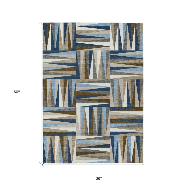 3' X 5' Navy Blue Brown And Beige Geometric Washable Indoor Outdoor Area Rug