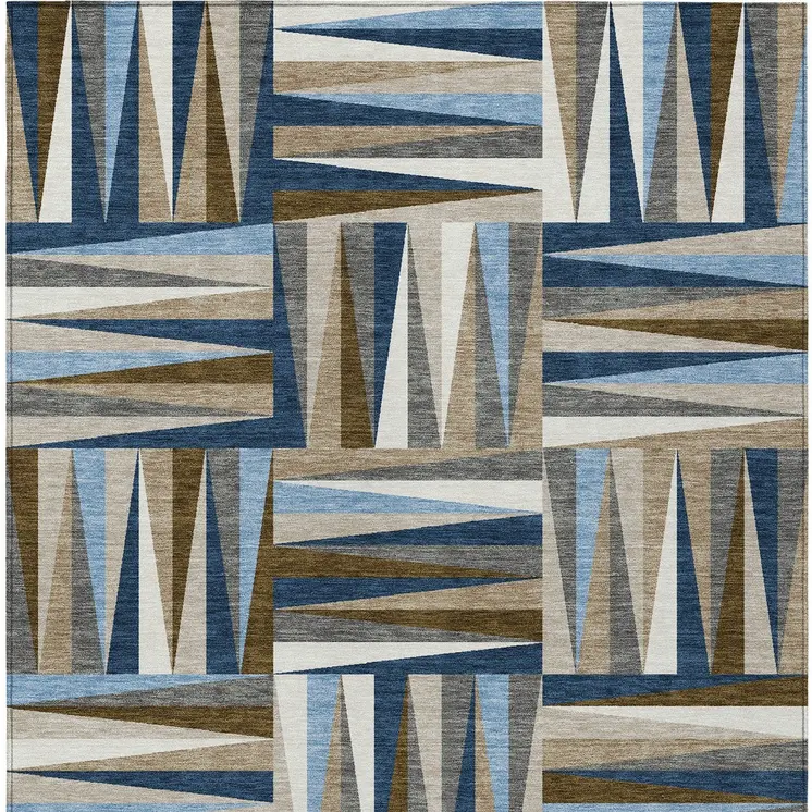 5' X 8' Navy Blue Brown And Beige Geometric Washable Indoor Outdoor Area Rug