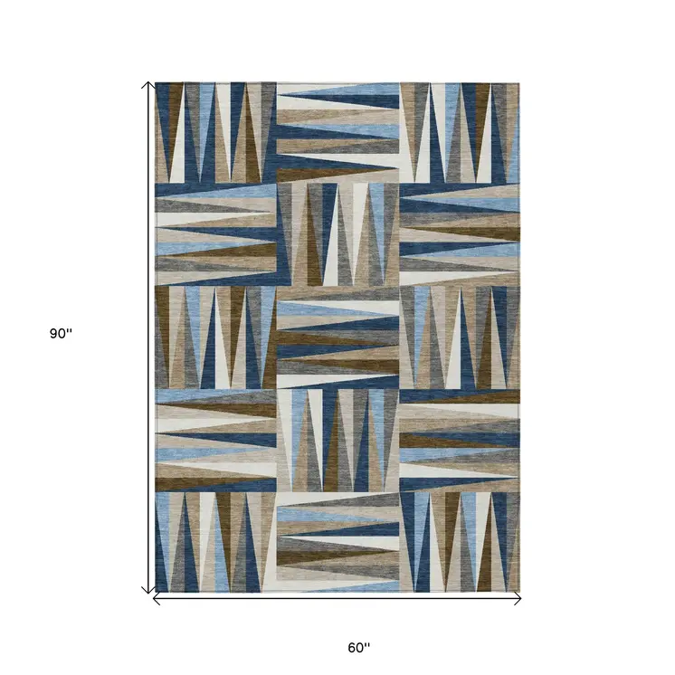 5' X 8' Navy Blue Brown And Beige Geometric Washable Indoor Outdoor Area Rug