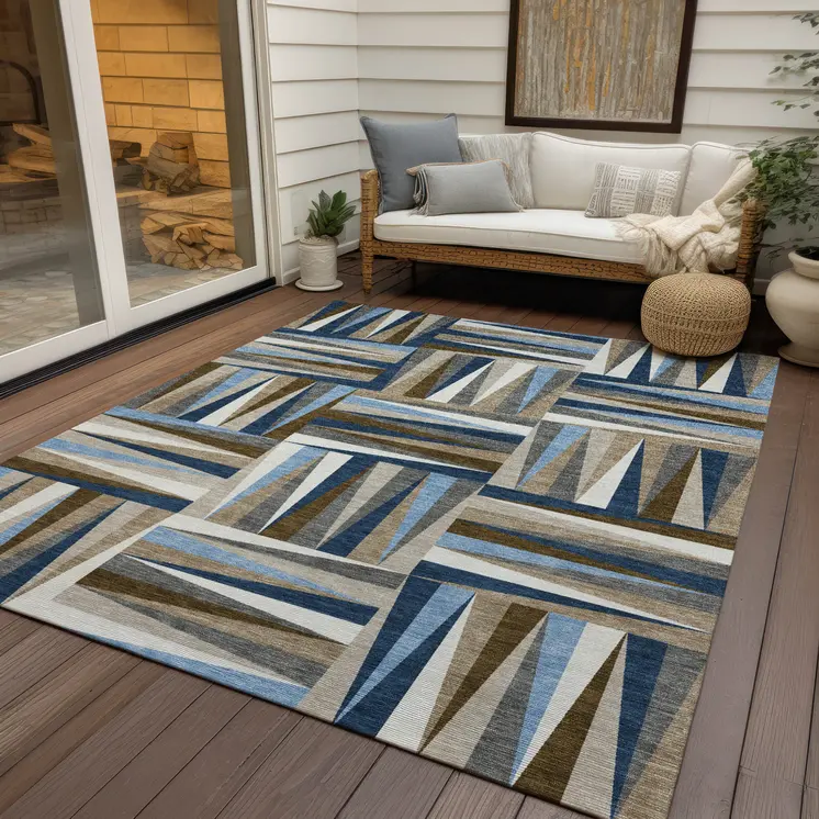 5' X 8' Navy Blue Brown And Beige Geometric Washable Indoor Outdoor Area Rug