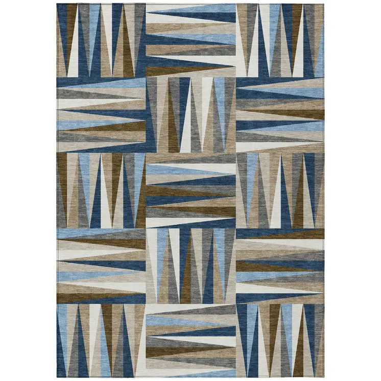 5' X 8' Navy Blue Brown And Beige Geometric Washable Indoor Outdoor Area Rug