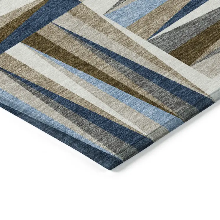 5' X 8' Navy Blue Brown And Beige Geometric Washable Indoor Outdoor Area Rug