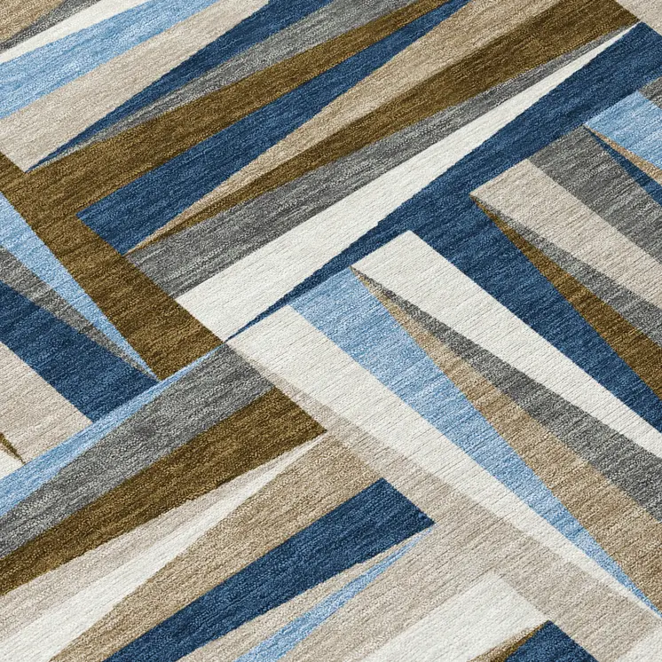 5' X 8' Navy Blue Brown And Beige Geometric Washable Indoor Outdoor Area Rug