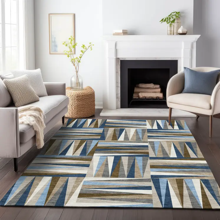 5' X 8' Navy Blue Brown And Beige Geometric Washable Indoor Outdoor Area Rug