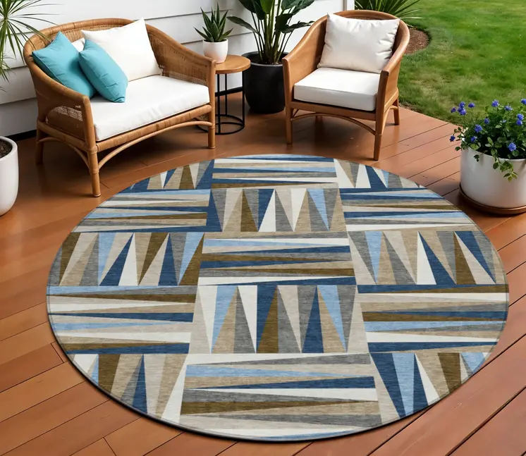 8' Navy Blue Brown And Beige Round Geometric Washable Indoor Outdoor Area Rug