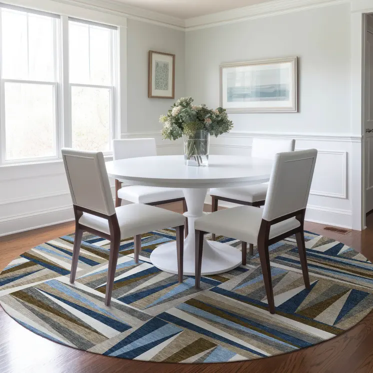 8' Navy Blue Brown And Beige Round Geometric Washable Indoor Outdoor Area Rug