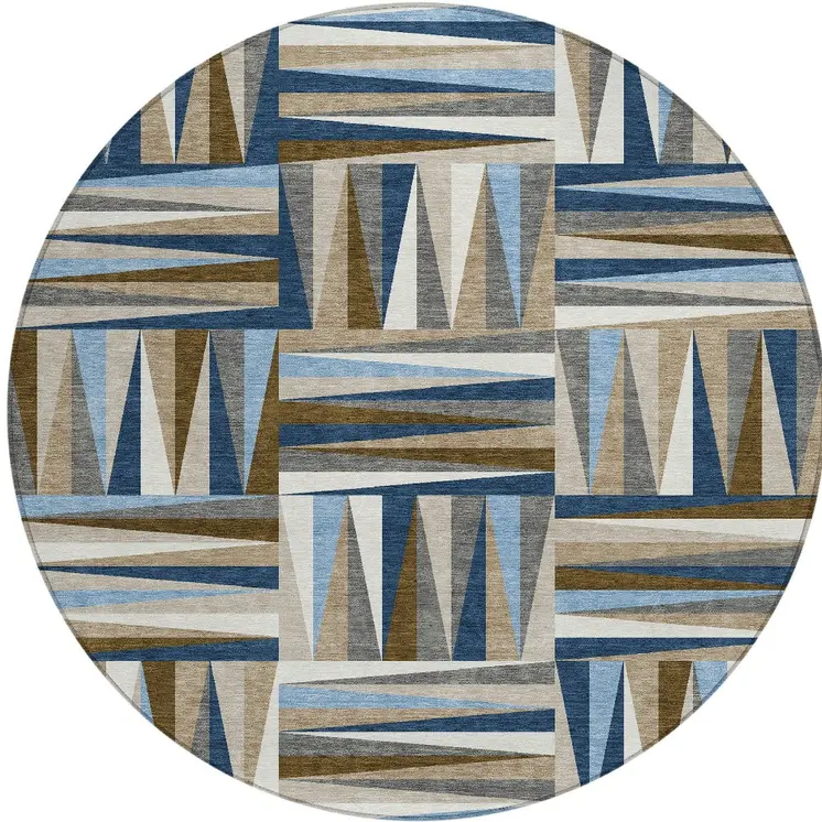 8' Navy Blue Brown And Beige Round Geometric Washable Indoor Outdoor Area Rug