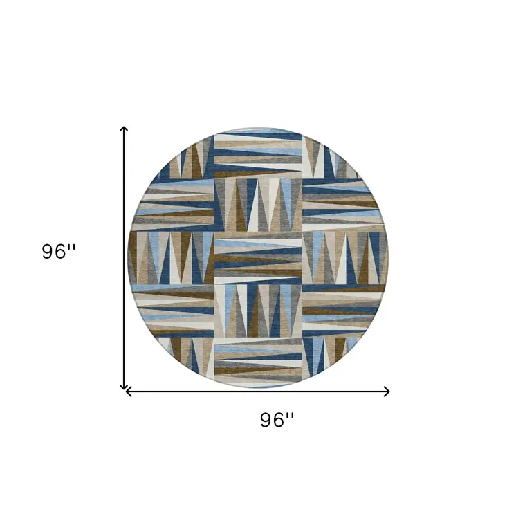 8' Navy Blue Brown And Beige Round Geometric Washable Indoor Outdoor Area Rug