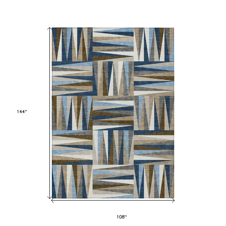 9' X 12' Navy Blue Brown And Beige Geometric Washable Indoor Outdoor Area Rug