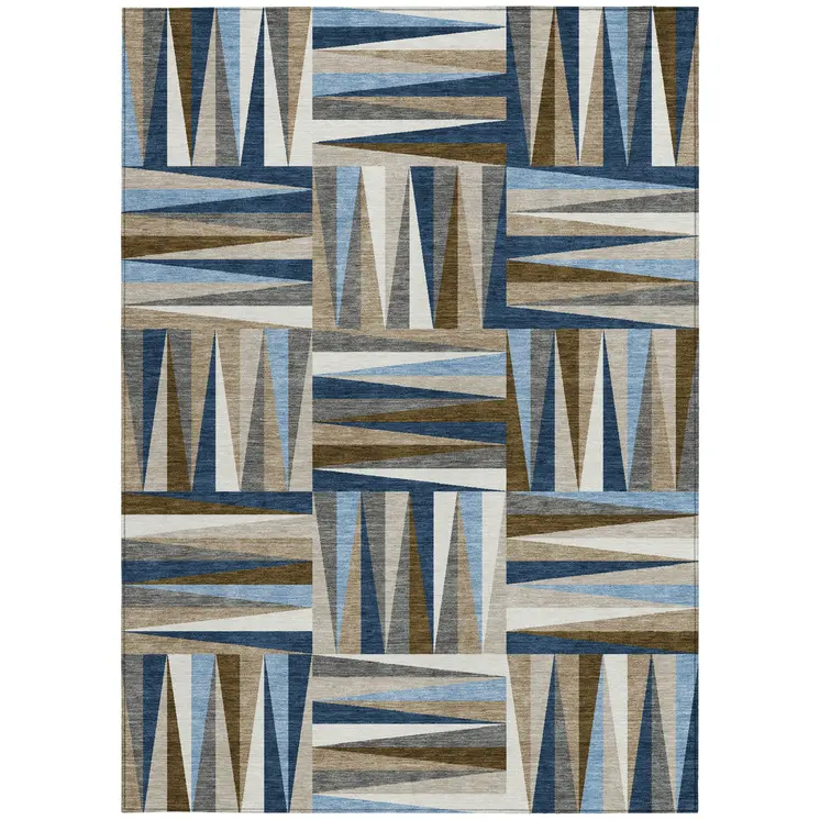 10' X 14' Navy Blue Brown And Beige Geometric Washable Indoor Outdoor Area Rug